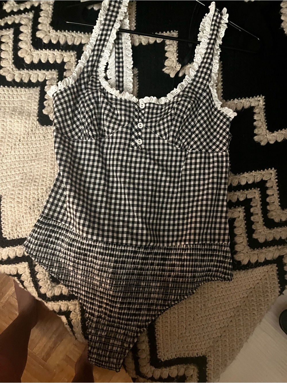 Black & White Gingham Ruffle Trim Bodysuit Free People - Picture 2 of 4